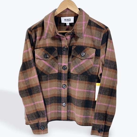 NWT BB Dakota Steve Madden Multicolor Pink Brown Plaid Utility Jacket Medium - Picture 1 of 11
